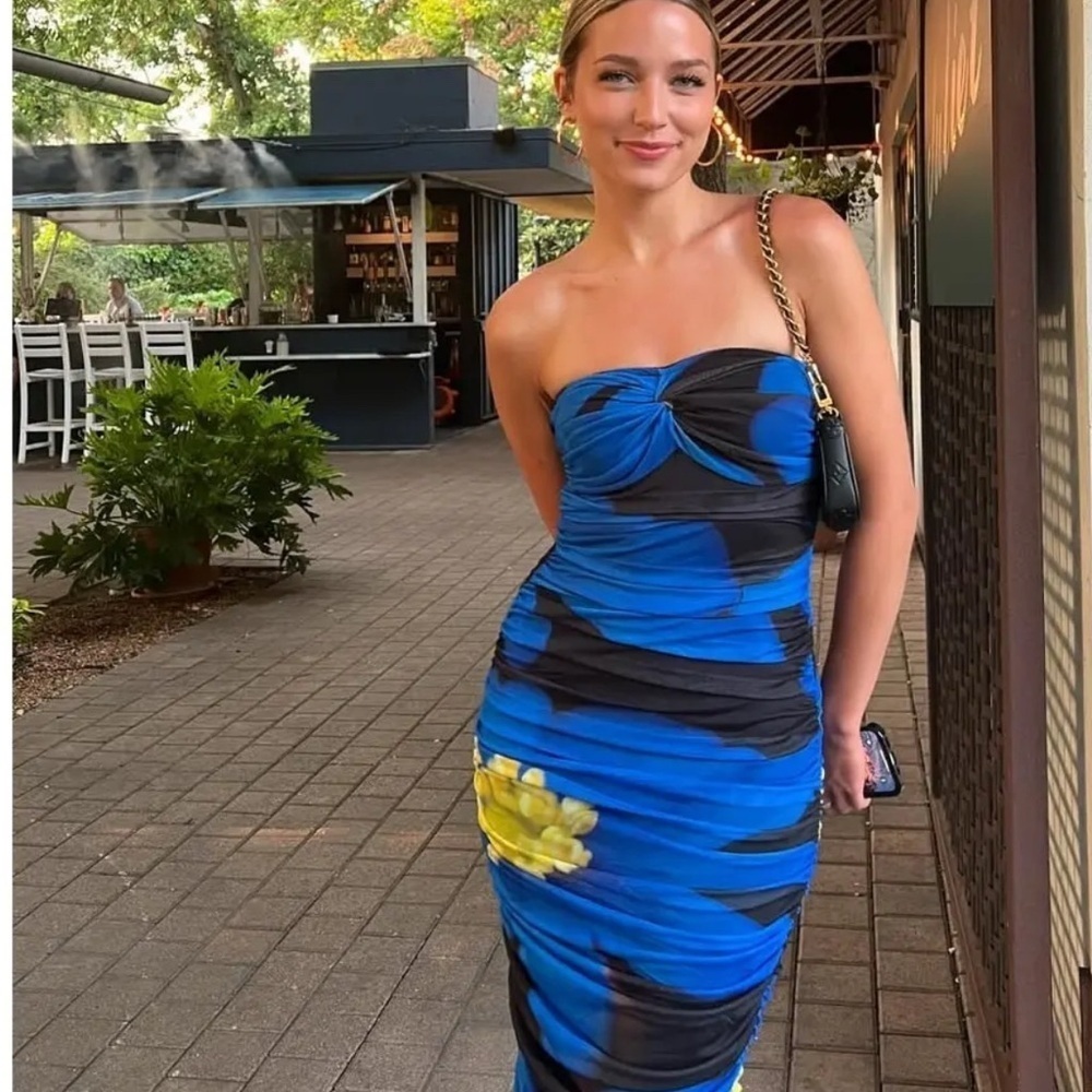 Zara Strapless Blue and Black Dress with Yellow Accent